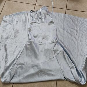 Rnwy Light Blue Satin Slit Maxi Dress